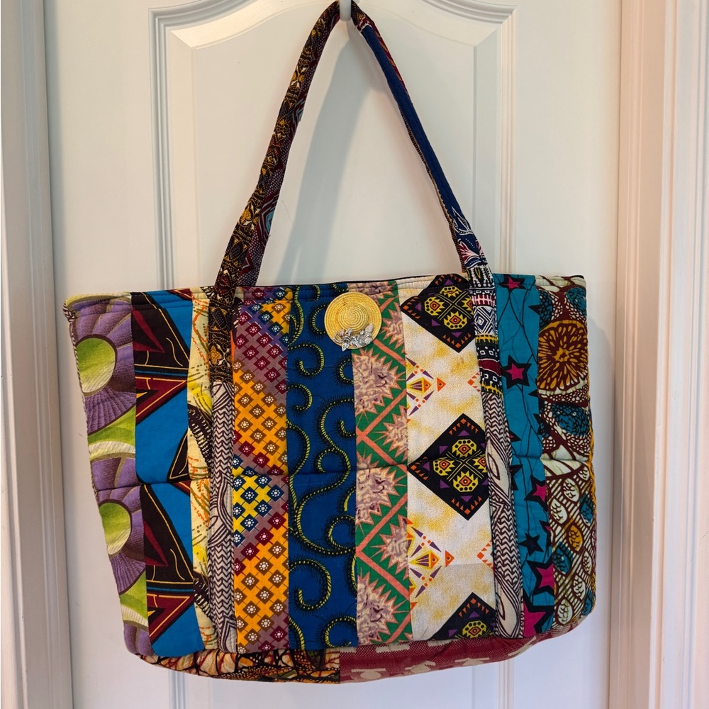 Vibrant Multicolor Patchwork Tote Bag for Women w/ Brooch
